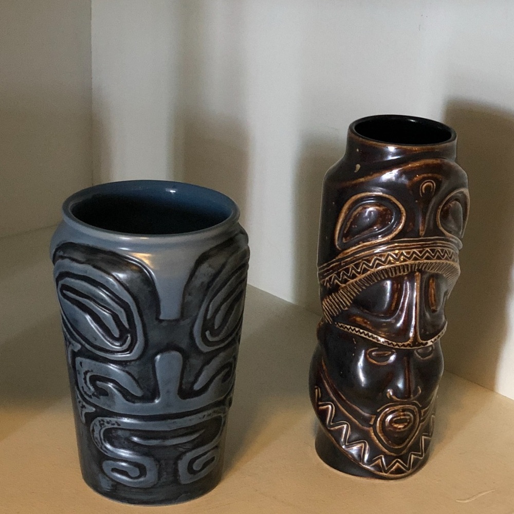 Set of Two Trader Vic’s Tiki Mugs in Blue and Brown